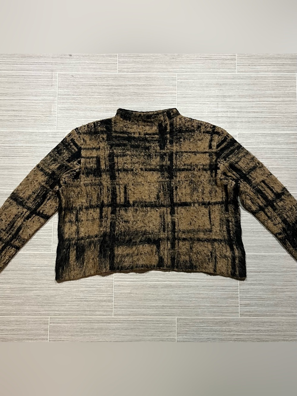 Shaggy Plaid Mock Neck Sweater in Brown and Black